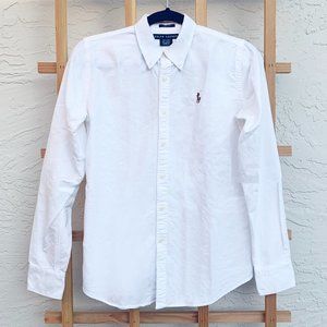 Ralph Lauren Women's Slim Fit White Oxford Cotton Button Down Shirt Top Blouse